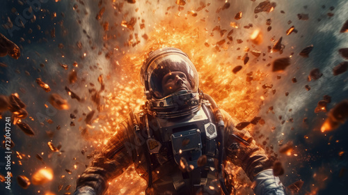 An astronaut in an explosion, elevating the futuristic action movie concept