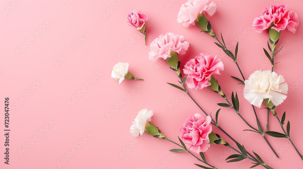 Carnation blooms in pink and white on a pink backdrop.