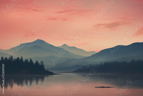 A stunning lake shimmers under a pink sky  framed by towering mountains.