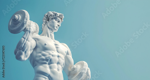 Bodybuilder male Greek Sculpture with Muscles on blue background, copy space photo