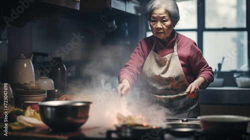 Asian grandmother cooks traditional dishes in a dim, cluttered kitchen, preserving cultural heritage with heartfelt culinary artistry photo