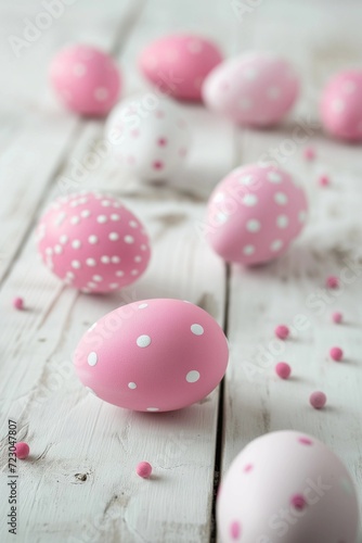 Pink Easter eggs on white wooden background
