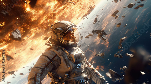 An astronaut in an explosion, elevating the futuristic action movie concept