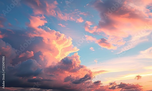 Sky at sunset, sky at sunrise, clouds, orange clouds cirrus clouds, cumulus clouds, sky gradient, sky background at dusk, twilight, nightfall, pink sky, pink clouds, sun, environment, Generative AI  photo