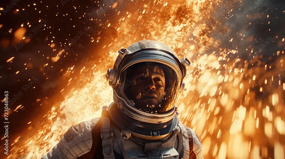 Fototapeta premium An astronaut in an explosion, elevating the futuristic action movie concept