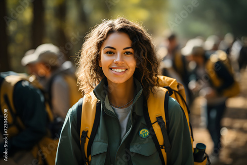 Portrait of smiling young woman with backpack looking at camera while hiking in forest