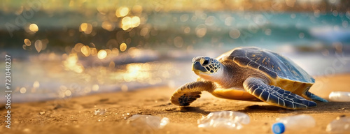 Sea turtle on shore with sunlight reflecting on water. A turtle on the beach with sunlight sparkling on the sea, a symbol of marine beauty and resilience