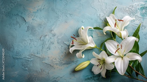 Gorgeous white lilies on a background of walls. photo