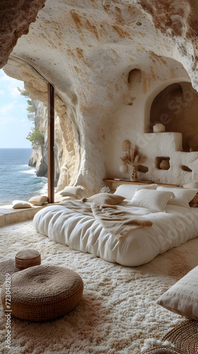 A bedroom in Capri with white bubble plush bed and a view of mesmerizing sea