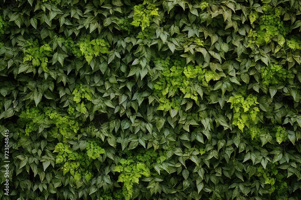 A brick wall completely covered in numerous vibrant green leaves, creating a dense and lush foliage. A brick wall completely covered in numerous vibrant green leaves, creating a dense and lush foliage.