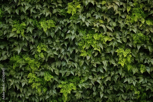 A brick wall completely covered in numerous vibrant green leaves, creating a dense and lush foliage.