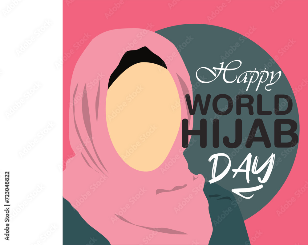World Hijab Day Greetings banner. Pink hijab muslim women headcover Oberved on the Febuary, 1.