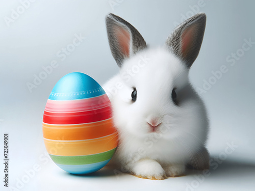 Coniglietto carino accanto a uovo di pasqua colorato a righe, su sfondo bianco e uniforme photo