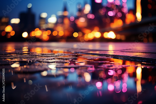 Bokeh of city night lights, reflection in the water. Abstract wallpaper.
