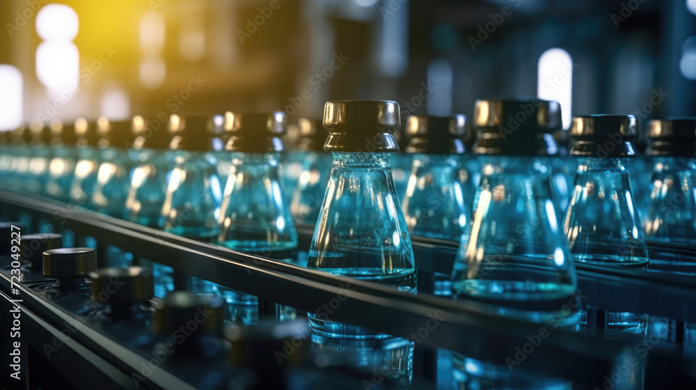 Mineral water bottles on factory conveyor belt with automatic line Mineral water bottles on factory conveyor belt with automatic line