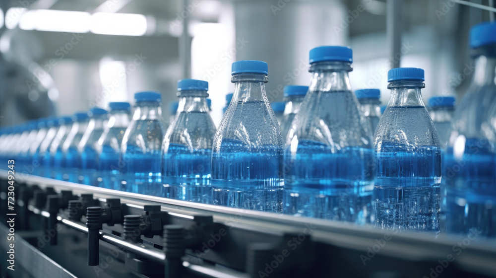 Mineral water bottles on factory conveyor belt with automatic line Mineral water bottles on factory conveyor belt with automatic line