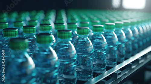 Mineral water bottles on factory conveyor belt with automatic line