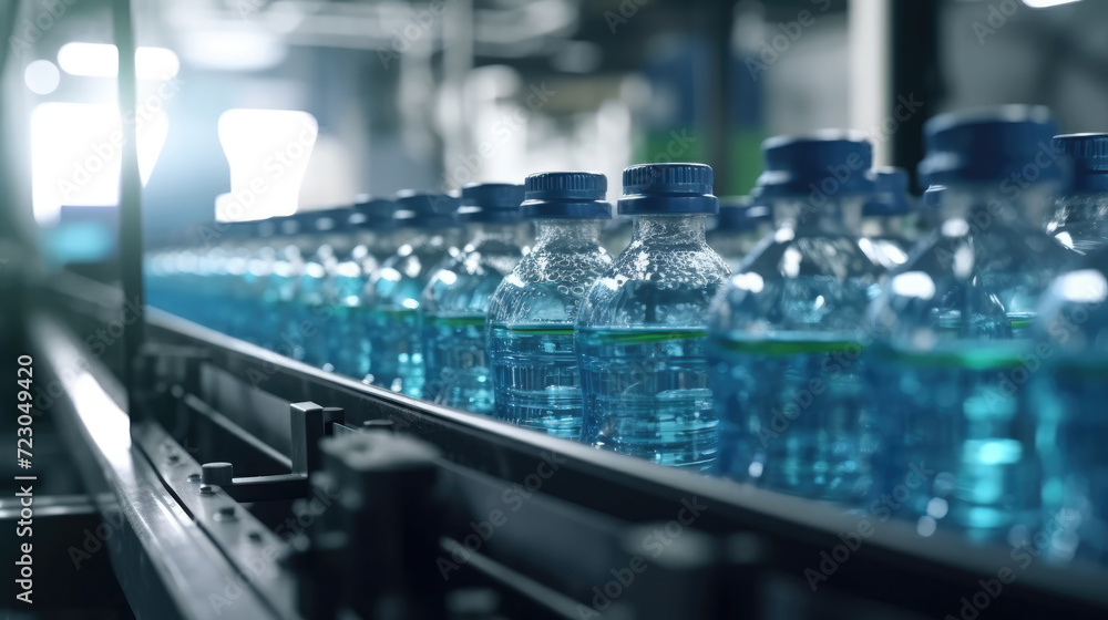 Mineral water bottles on factory conveyor belt with automatic line