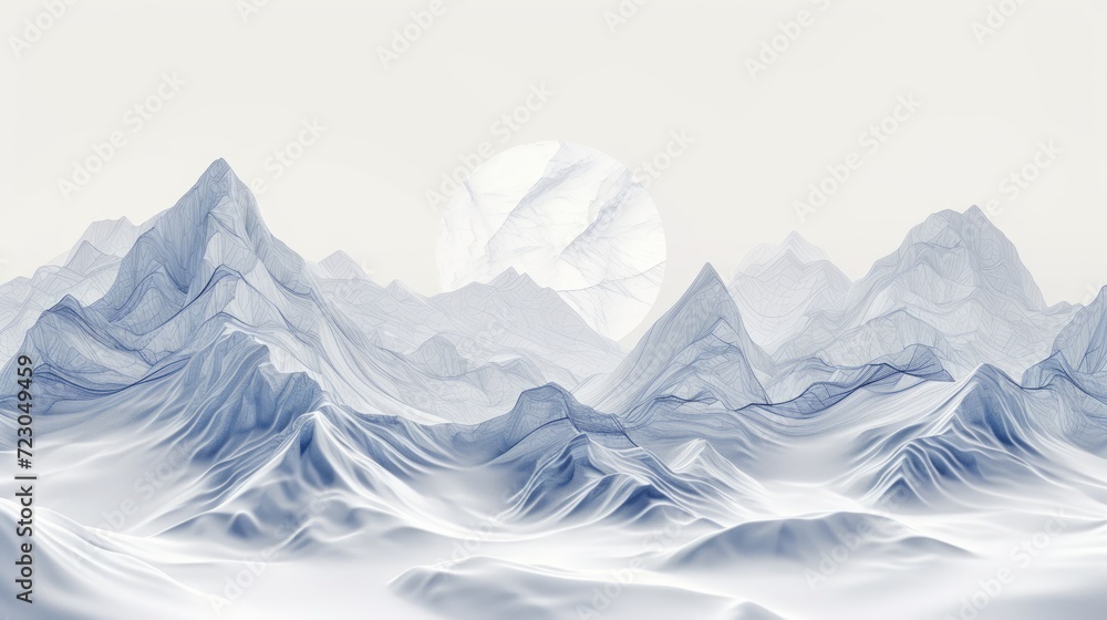Luxurious mountain line art background with silver accents for cover design. Elegant wallpaper, mountains, sun, moon. Gold silver lines, texture