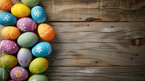 Easter eggs in basket on wooden background, colorful spring decoration.