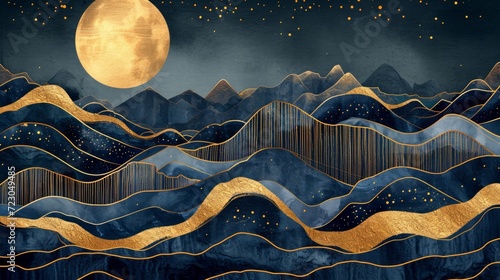 Luxurious mountain line art background with gold accents for cover design. Elegant wallpaper, mountains, sun, moon. Gold lines, texture