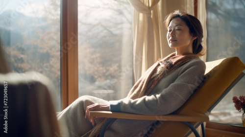 A woman's relaxation in a chair by the window, invoking a profound sense of calmness and inner peace Free Download A woman's relaxation in a chair by the window, invoking a profound sense of calmness and inner peace - GFXLoad