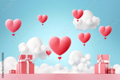 valentine gifts and heart shaped balloons on a background of clouds and clear sky with generative ai