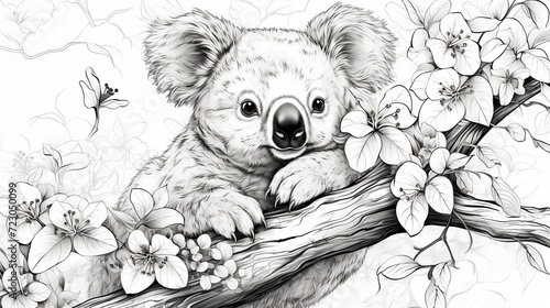 Koala with flowers wreath hand drawn sketch. Marsupial animal embracing tree trunk black and white illustration. photo