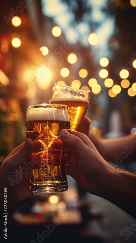 Hand holding glass of beer, brewery, people cheering, cheers, spending a moment together with friends, party, happy moment, nightclub, restaurant, cheering, Generative AI 
