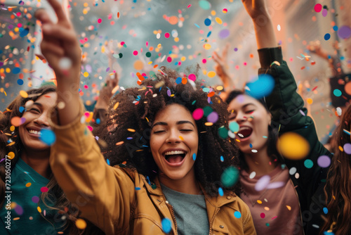 Team members celebrate and throw confetti in the office