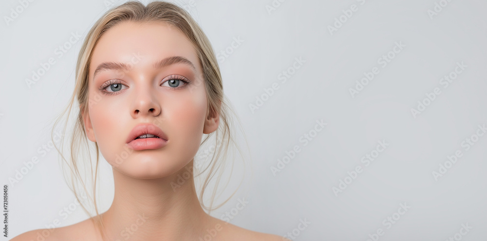 Portrait of a young woman with natural makeup. Advertising natural cosmetics. Advertising for a beauty salon. Care cosmetics, face and body skin care. Place for text. Portrait of a young woman with natural makeup. Advertising natural cosmetics. Advertising for a beauty salon. Care cosmetics, face and body skin care. Place for text.