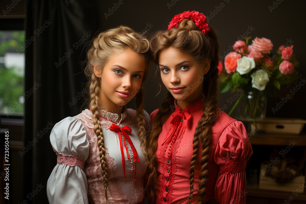 Obraz premium Two beautiful model girls in national costumes in red and white shirts.
