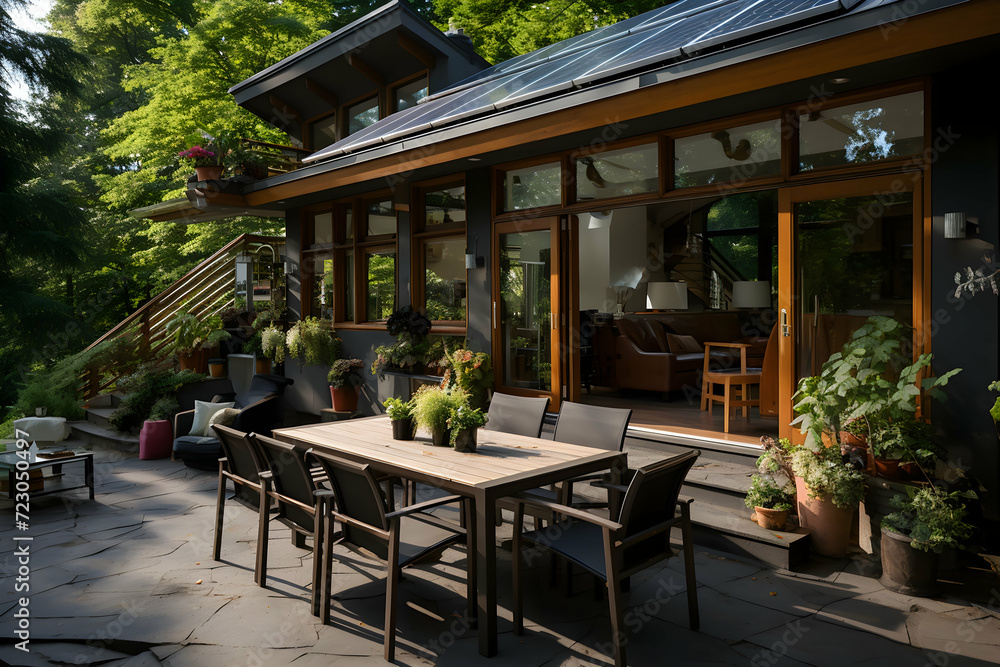 Obraz premium Luxury terrace with wooden furniture and solar panels on the roof