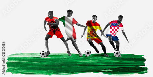 Fototapeta Naklejka Na Ścianę i Meble -  Soccer players in motion in shirts with flag representing team of Albania, Italy, Spain and Croatia. Concept of championship, tournament. Group stage B of Euro 2024