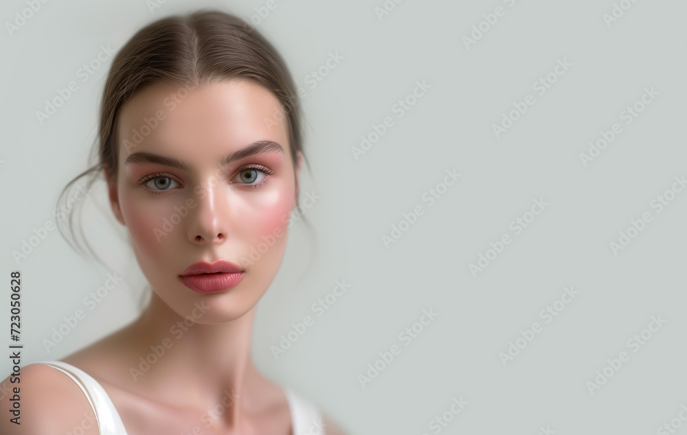 Portrait of a young woman with natural makeup. Advertising natural cosmetics. Advertising for a beauty salon. Care cosmetics, face and body skin care. Place for text. Portrait of a young woman with natural makeup. Advertising natural cosmetics. Advertising for a beauty salon. Care cosmetics, face and body skin care. Place for text.