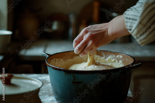 A woman's hand puts dough in a pot