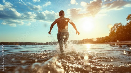 Rearview photography of an adult man running or walking in sea, river or lake water on a sunny summer day. Youthful male person wearing shorts, splashing the water into air, ocean leisure activity