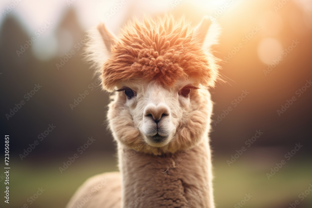 A llamas close up as it peacefully grazes on grass in a beautiful field.