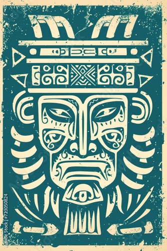 Generative AI, Painted aztec ornament ink linocut style, vintage stamp poster design © DELstudio