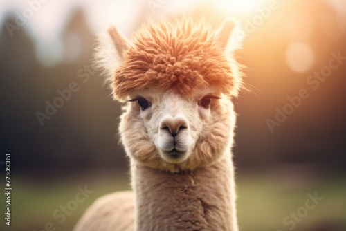 A llamas close up as it peacefully grazes on grass in a beautiful field.