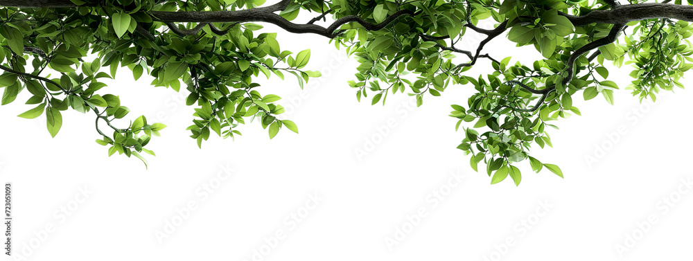 Vibrant green leaves hang from the top, creating a fresh, natural atmosphere isolate on transparent background, cutout, png Vibrant green leaves hang from the top, creating a fresh, natural atmosphere isolate on transparent background, cutout, png