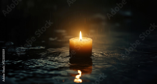 A candle floats in the middle of a dark scene