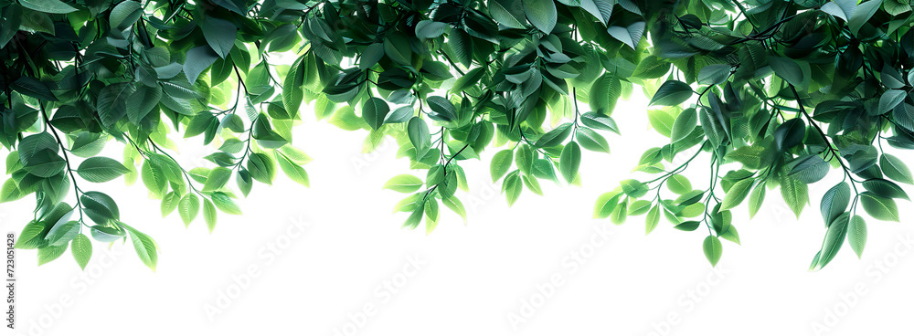Lush green leaves hanging from the top, creating a natural frame against a bright isolate on transparent background, cutout, png Lush green leaves hanging from the top, creating a natural frame against a bright isolate on transparent background, cutout, png