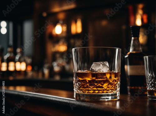 Glass of elegant whiskey with ice cubes on a bar counter with dark moody atmosphere. Drink art concept.
