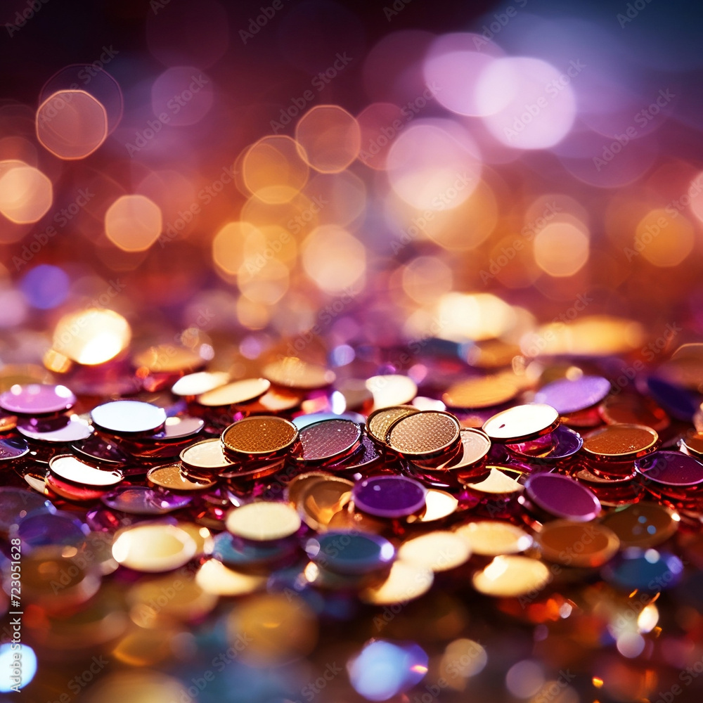 Abstract blurred background with sequins for jewelry.Holographic background with sparkling rainbow reflections in gold and purple-pink tones
