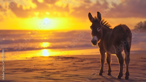 Beautiful young brown domestic donkey or mule animal photography  standing on the sand beach during the golden hour sunset sky with clouds  ocean or sea waves in the background 