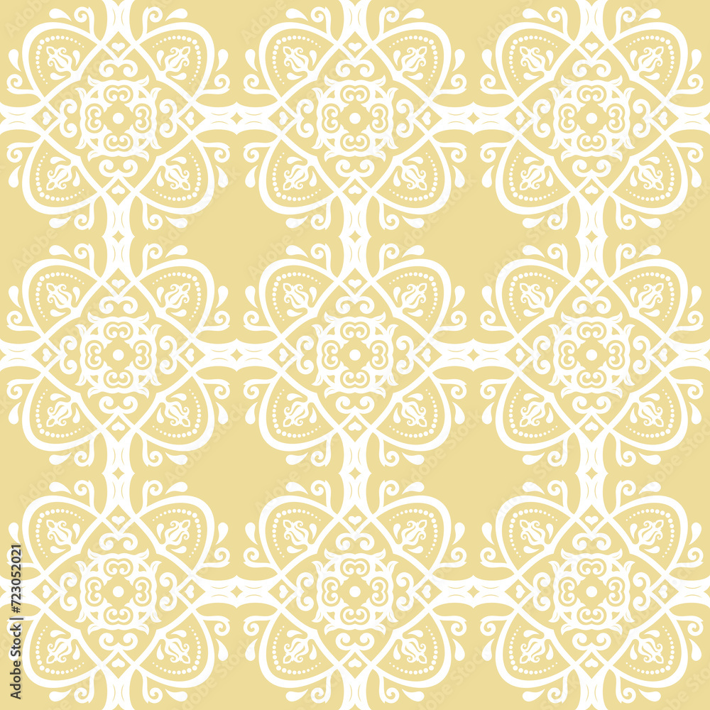 Classic seamless pattern. Damask orient yellow and white ornament. Classic vintage background. Orient pattern for fabric, wallpapers and packaging