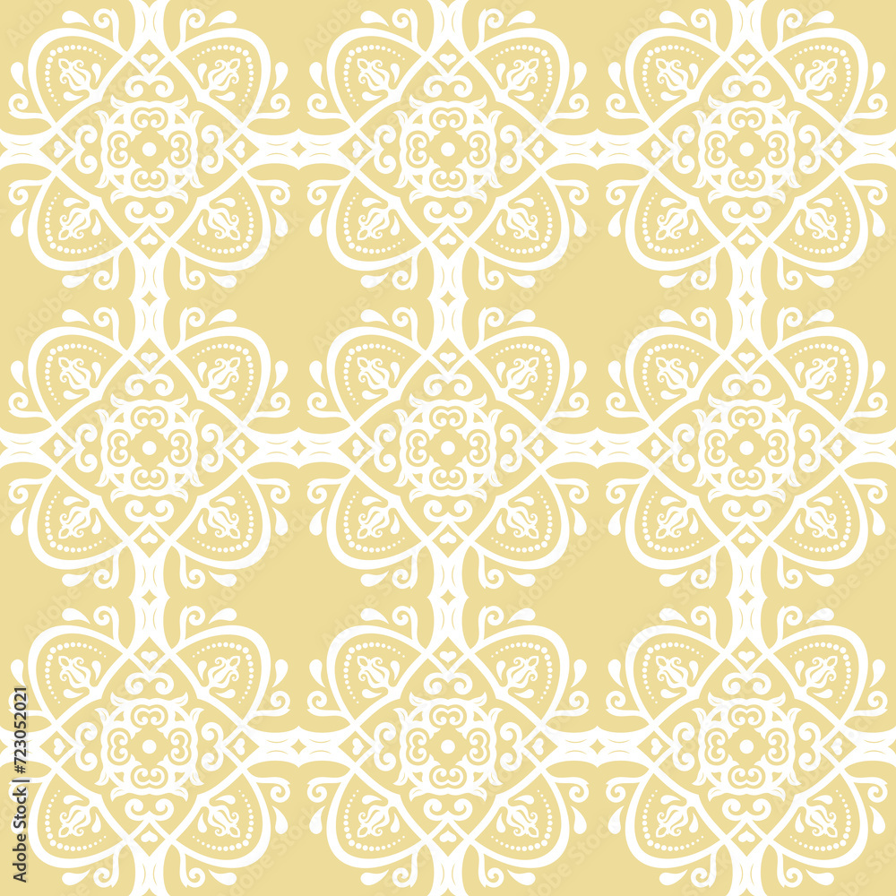 Classic seamless pattern. Damask orient yellow and white ornament. Classic vintage background. Orient pattern for fabric, wallpapers and packaging Classic seamless pattern. Damask orient yellow and white ornament. Classic vintage background. Orient pattern for fabric, wallpapers and packaging