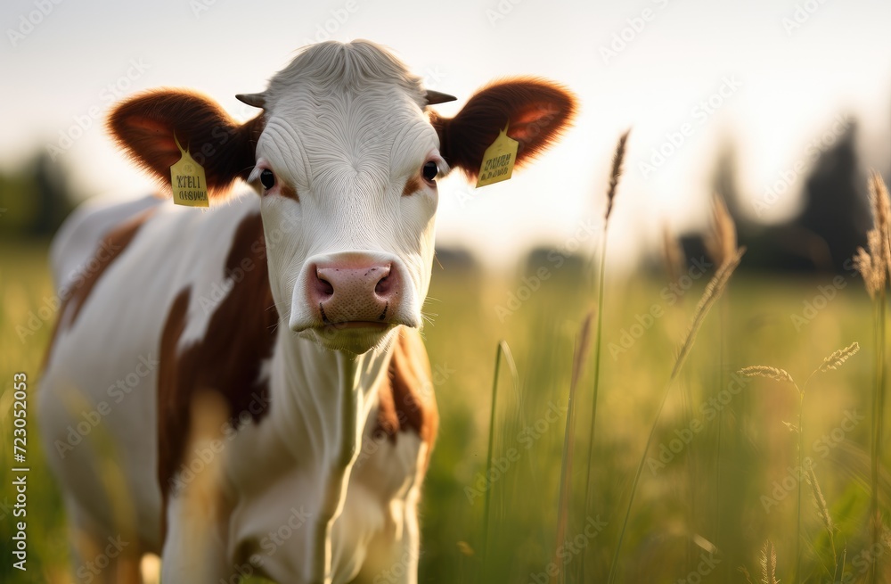 A brown and white cow stands on top of a lush green field, grazing peacefully.