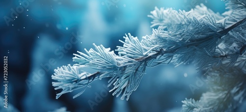 A close-up macro shot capturing the delicate frost on a winter forest branch.